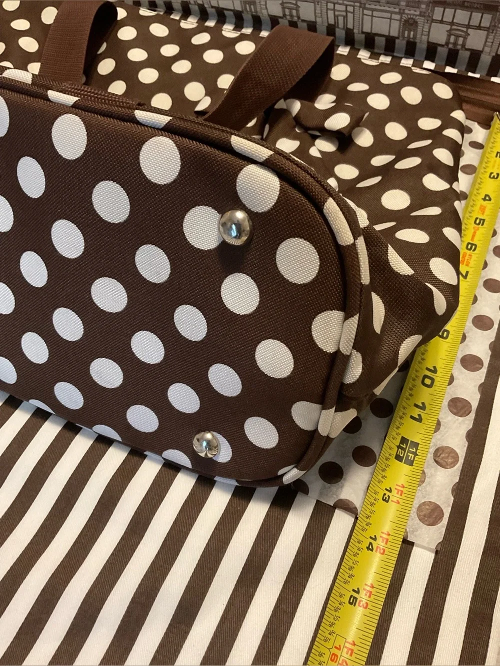 Brown Travel Tote with White Polka Dots